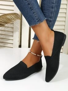 女性新潮透氣平底針織尖頭軟底休閒鞋,防滑舒服的設計合適的辦公工作 - 黑色 - 查看 4