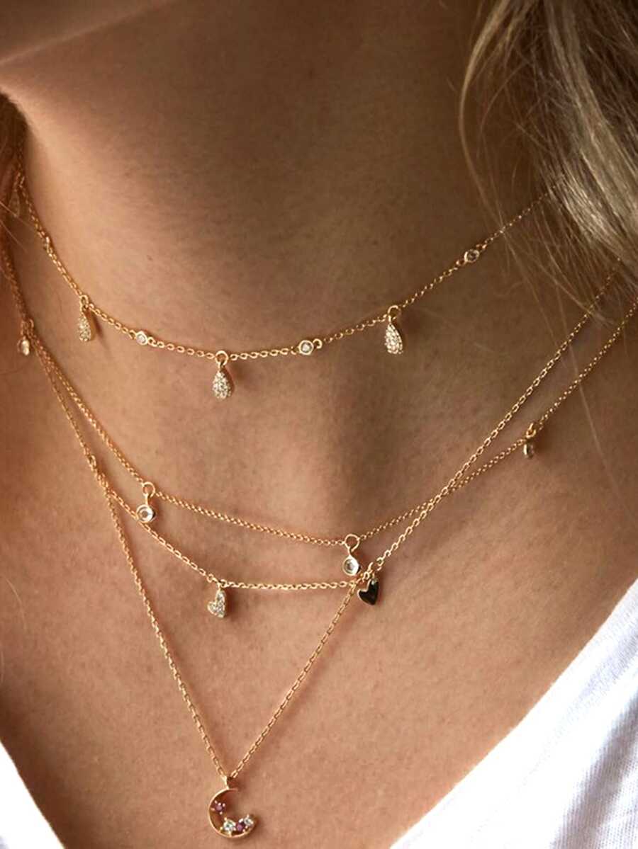 1條精緻的多層項鍊,配有月亮和心形吊墜 - 金黃色 - 查看 1