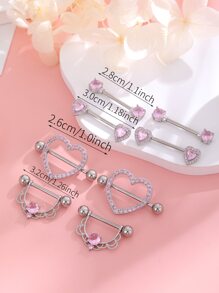 4pairs/set Stainless Steel Heart Shape, Small Heart Shape, U Shape & Circle Nipple Rings Women's Body Piercing Jewelry Set - Pink - View 3