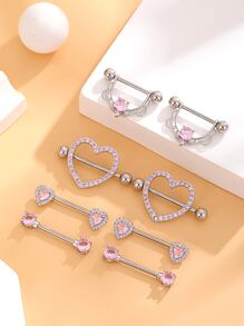 4pairs/set Stainless Steel Heart Shape, Small Heart Shape, U Shape & Circle Nipple Rings Women's Body Piercing Jewelry Set - Pink - View 1