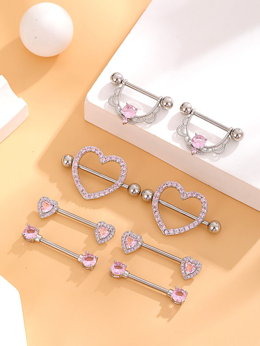 4pairs/set Stainless Steel Heart Shape, Small Heart Shape, U Shape & Circle Nipple Rings Women's Body Piercing Jewelry Set - Pink - View 1