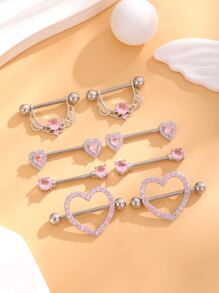 4pairs/set Stainless Steel Heart Shape, Small Heart Shape, U Shape & Circle Nipple Rings Women's Body Piercing Jewelry Set - Pink - View 2