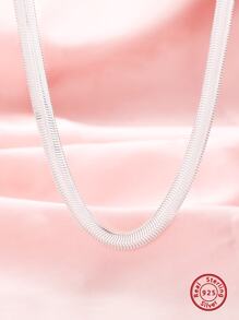 1Pc Minimalist Thick Herringbone Choker Necklace Plain Solid 925 Sterling Silver Flat Snake Layering Necklace for Women 16''+2'' - Just The Necklace - View 1