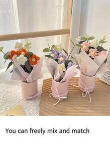 1 Set Handmade Knitted Yarn Artificial Flower Bouquet, Fabric & Knitted Man-Made Flowers, Including Paper Bucket, 5 Yarn Crochet Flowers, Suitable For Mom, Friend's, Or Anniversary Gifts, Mother's Day Gifts, Valentine's Day Gifts, Birthday Gifts, Home Decorations Graduation,Fake Plants - Pink - View 5