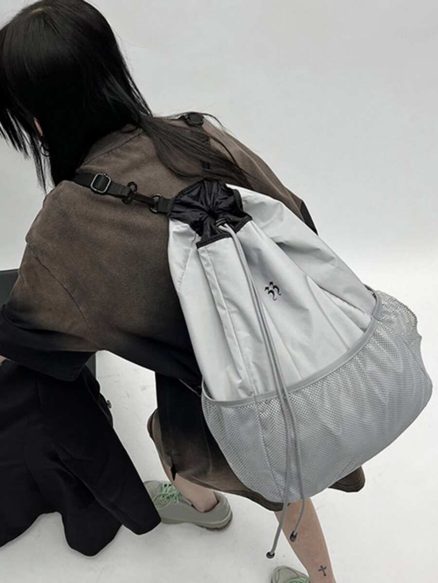 尼龙轻质大容量网眼背包女式抽绳带口袋书包、学校背包、大容量、笔记本电脑隔层、便携、轻便、适合少女女大学生、非常适合办公室、大学、小学、初中、高中、工作、商务、通勤、体育场、运动、学校用网眼包 - 灰色 - 查看 1