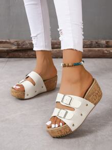 Women's New Casual Double Buckle Classic Vacation Style Waterproof Platform Thick Bottom Wedge Sandals