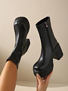 Botas femininas de salto grosso simples e elegantes, espartilho, botas clássicas elegantes para áreas externas - Preto - Ver 2