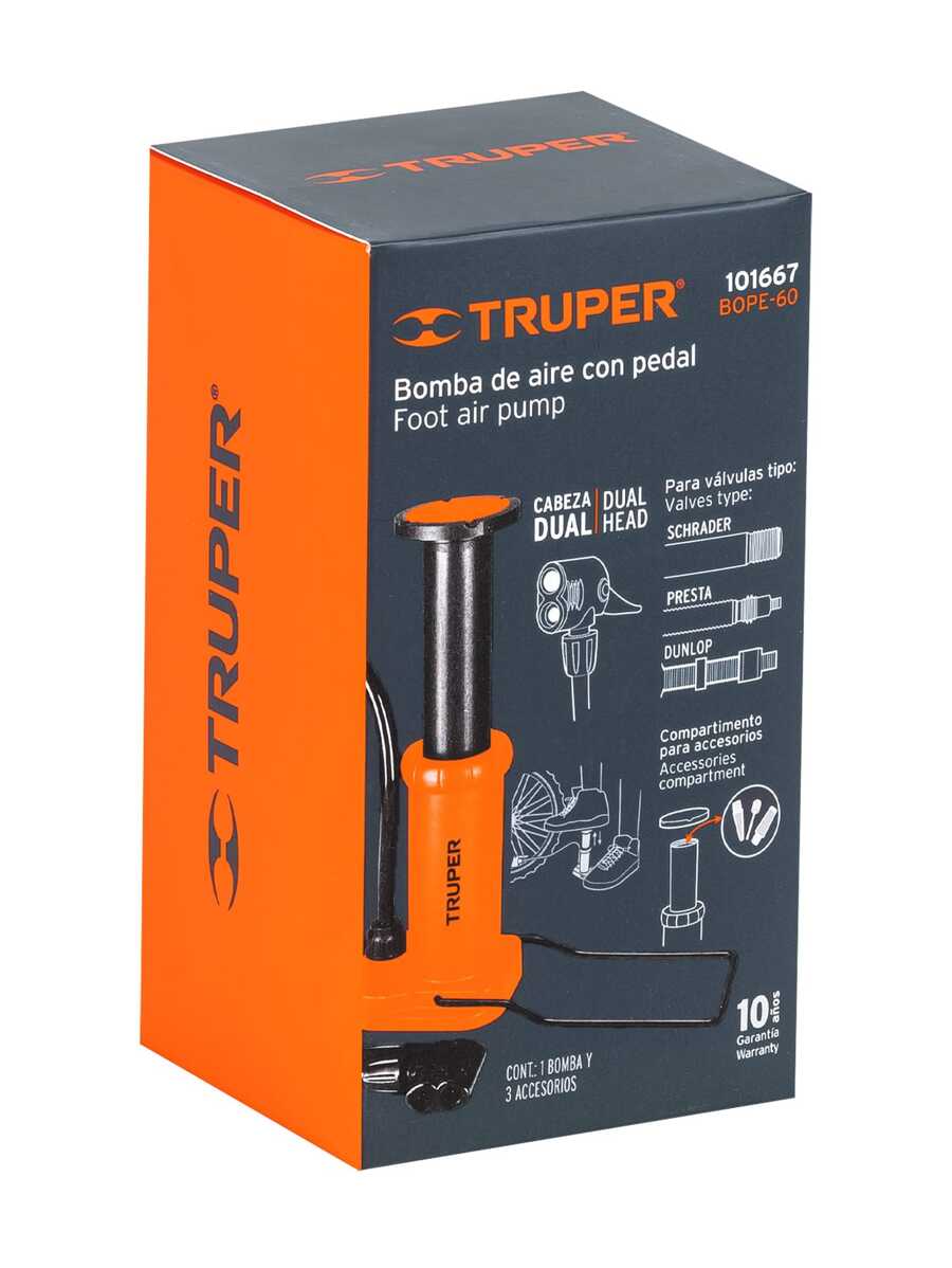 TRUPER Bomba de Pedal 60 PSI Para Inflar, Soporte Metálico Abatible 90° - Naranja - Ver 1
