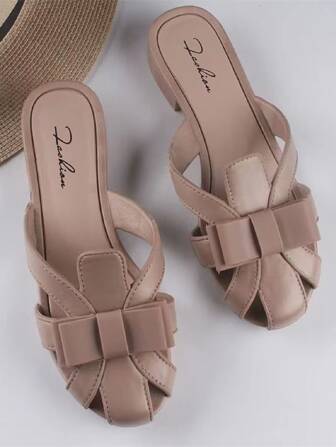 Women Bow Detail Knot PVC Sandals, Hollow Out Toe Cap, Fashionable And Versatile Chunky Heel Flat Sole, Slip-Proof Half Slide Summer Shoes For Outdoor And Indoor