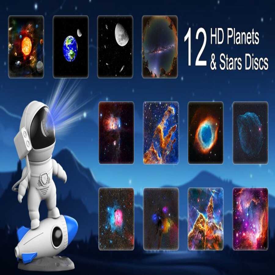 火箭太空人銀河星空投影機和13個電影星空投影機360°旋轉天象儀臥室桌面裝飾臥室氛圍燈太空星空投影儀 - 白色 - 查看 1