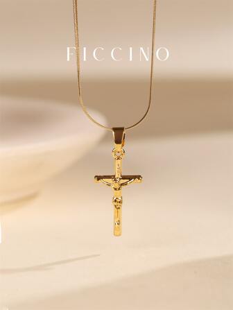  Collar Para Hombres De Ficcino, Colgante De Cruz De Jesús Enchapado En Oro De 18k Con Cadena Plana De Serpiente De Acero De Titanio, Estilo Vintage Para Uso Diario Con Caja