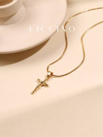  Collar Para Hombres De Ficcino, Colgante De Cruz De Jesús Enchapado En Oro De 18k Con Cadena Plana De Serpiente De Acero De Titanio, Estilo Vintage Para Uso Diario Con Caja
