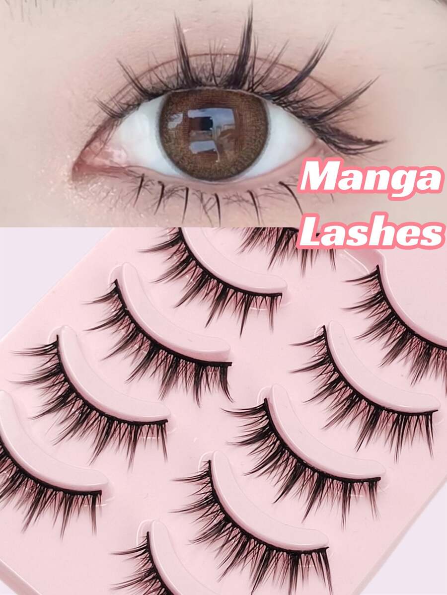 Asiteo 5 对 Manga 睫毛自然柔软假睫毛 3D 仿貂皮纤细柔软自然全条睫毛日常化妆条状睫毛、睫毛、睫毛、假睫毛 - 黑色 - 查看 1