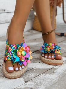 Women's Summer Fashionable Leisure Woven Flower Pattern Toe Post Sandals - Multicolor - View 2