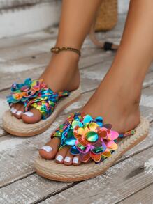 Women's Summer Fashionable Leisure Woven Flower Pattern Toe Post Sandals - Multicolor - View 1