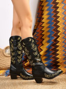 Women's Fashionable Cowboy Boots With Butterfly Decor Middle Tube Casual Western Style Boots - Black - View 7