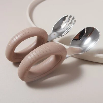 1雙嬰兒矽膠&不銹鋼叉和勺子套裝適用於學習至吃,長度:10.5*38CM