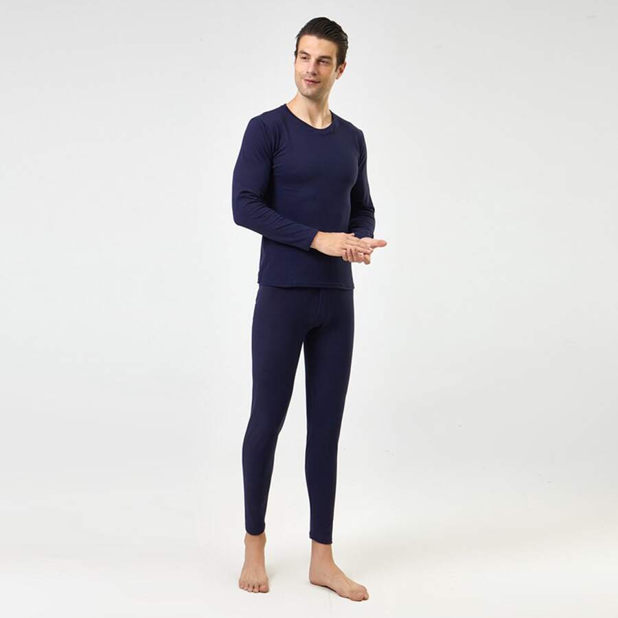 1set Men's Round Neck Derong High Elasticity Warm Underwear Set In Navy Blue - Navy Blue - View 1