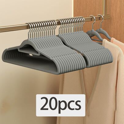 20pcs/pack Grey Velvet Non-slip Clothes Hanger, Home Use
