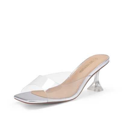 Women's Clear Heels Square Toe High Stiletto Mules Slip On Wedding Dress Heel Sandals