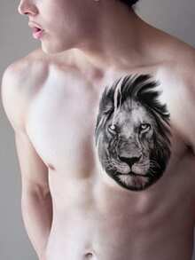 1 Pieza Tatuaje Temporal Con Diseño De León Cool Y Bestial Para Brazo, Pecho, Hombro, Cintura - Negro - Ver 4