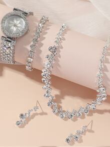 4pcs/Set Women's Quartz Watch With Silver Dial & One Flower Design Suitable For Daily Decoration, No Box Valentines - Silver - View 2