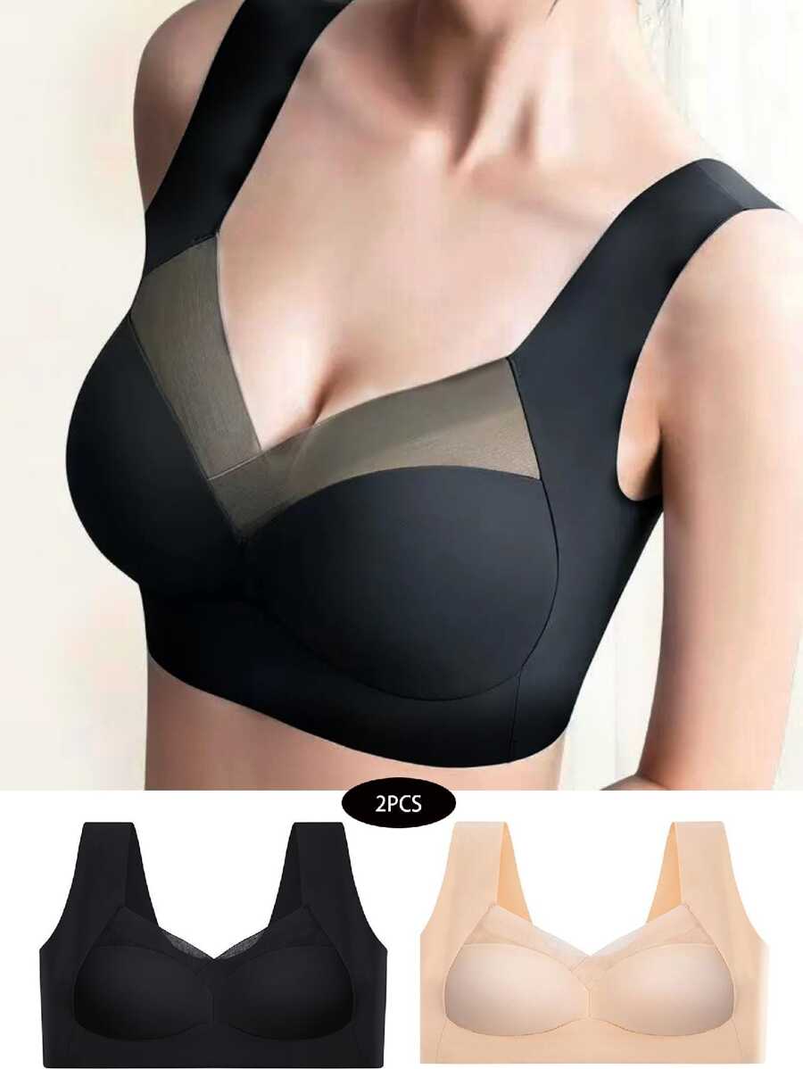 2pcs/Set Mesh V-Neck No Trace Underwear, Comfortable & Breathable Push-Up Bra, Lingerie - Multicolor - View 1
