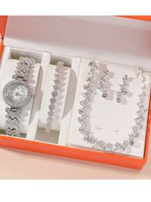 4pcs/Set Women's Quartz Watch With Silver Dial & One Flower Design Suitable For Daily Decoration, No Box Valentines - Silver - View 1