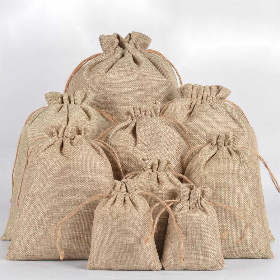 5 Stücke Naturleinen Zugkordeltasche Mit Seil, Ideal Für Geschenkverpackung, Schmuck Oder Aufbewahrung, Diy-hochzeitsgeschenkbeutel, Süßigkeiten Schokolade Schmuckverpackungsbeutel, Party-dekorbeutel, Geburtstagsfeiergeschenkbeutel, Urlaubsgeschenkbeutels, Verschiedene Größen Erhältlich - Leinenfarbe - Übersicht 1