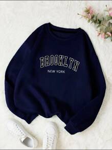 Moletom Gola Redonda Unissex Careca Blusa de Frio Casaco Feminino Masculino Flanelado Algodão Brooklyn New York (FRENTE) - Azul - Visão 2
