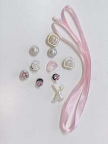 1set Sweet Ballet Style Pink Ribbon & Rhinestone Decor Shoe Clips For Girls