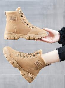 女款冬季保暖厚跟繫帶踝靴加高戶外時尚毛絨鞋（尺寸偏小，請選擇大兩個尺寸）