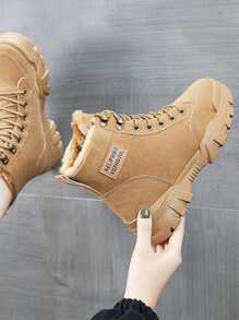 女款冬季保暖厚跟繫帶踝靴加高戶外時尚毛絨鞋（尺寸偏小，請選擇大兩個尺寸）