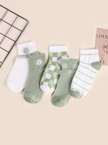 5pairs Women Plaid Pattern Breathable Fashionable Ankle Socks For Daily Decoration - Green - View 2