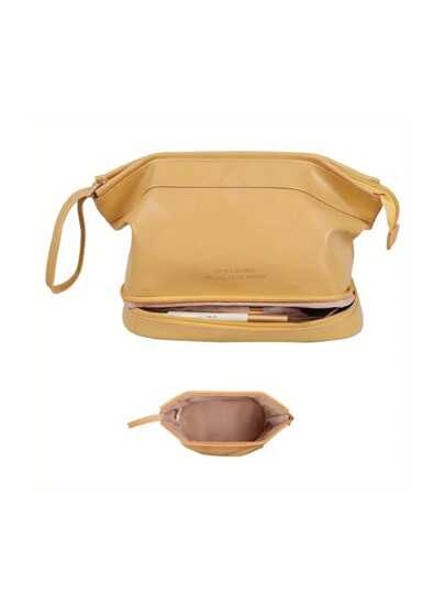 1pc Double Layer Simple Style Large Capacity Portable Makeup Bag Travelling Toiletry Organizer Makeup Bags Makeup Organizer Make Up Organizer Makeup Storage Make Up Bag