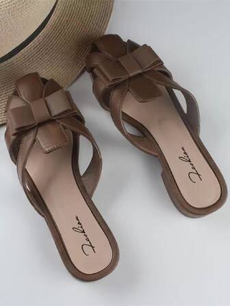 女士蝴蝶結 PVC 拖鞋，空心露趾，厚底平底，時尚百搭室內外舒適防滑款半拖鞋