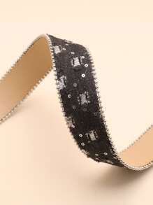 Party 1pc Women's Black Pu Material Jeans Belt With Big Round Buckle And Beads Summer, School