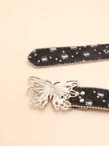 Party 1pc Women's Black Pu Material Jeans Belt With Big Round Buckle And Beads Summer, School