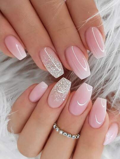 Upgrade Your Style With 24pcs Short Square Shaped French Style Pink Ombre Glitter False Nails, Suitable For Parties, Dates, Daily Wear Press On Nails Nail Supplies