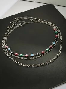 3pcs/set Multicolor Eye Beaded Necklace Goth Style Men's Chain Necklace Set - Silver - View 4