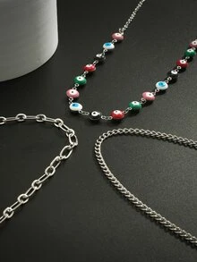 3pcs/set Multicolor Eye Beaded Necklace Goth Style Men's Chain Necklace Set - Silver - View 2