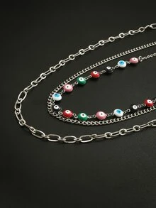 3pcs/set Multicolor Eye Beaded Necklace Goth Style Men's Chain Necklace Set - Silver - View 3