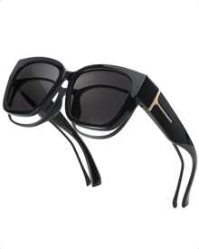 Lvioe 1 Par De Gafas De Sol Polarizadas Aptas Para Mujeres Y Hombres, Gafas De Sol Extragrandes Cuadradas Con Protección Uv Ls7511 Vintage Para Usar Sobre Las Gafas Regulares - Marco negro/lente gris polarizado - Ver 2
