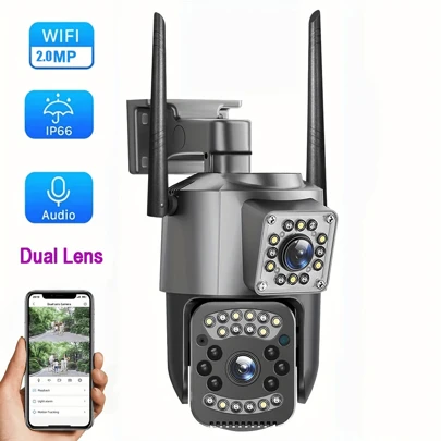 高清1080p雙鏡頭2.4ghz Wifi Ptz攝像機,智能家居安防視頻監控系統,支援ip66防水全彩夜視、雙向語音、遠程實時查看、移動檢測報警通知推送、雲端存儲,無線攝像頭