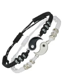 2 件最佳朋友手鍊適用於 2 條配對陰陽可調節繩索手鍊適合友誼關係男朋友女朋友 - 黑與白 - 查看 1