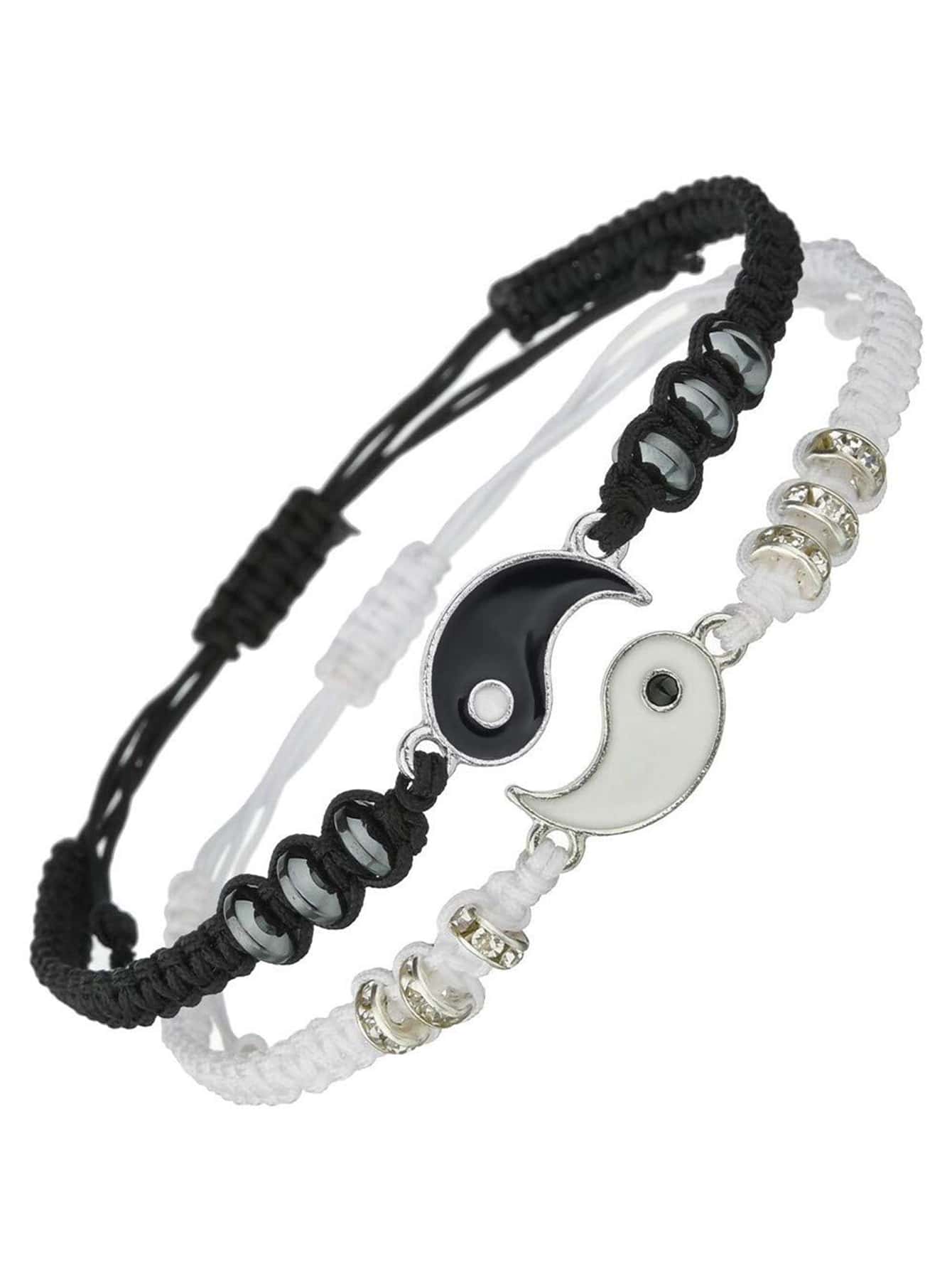 2 件最佳朋友手鍊適用於 2 條配對陰陽可調節繩索手鍊適合友誼關係男朋友女朋友 - 黑與白 - 查看 1