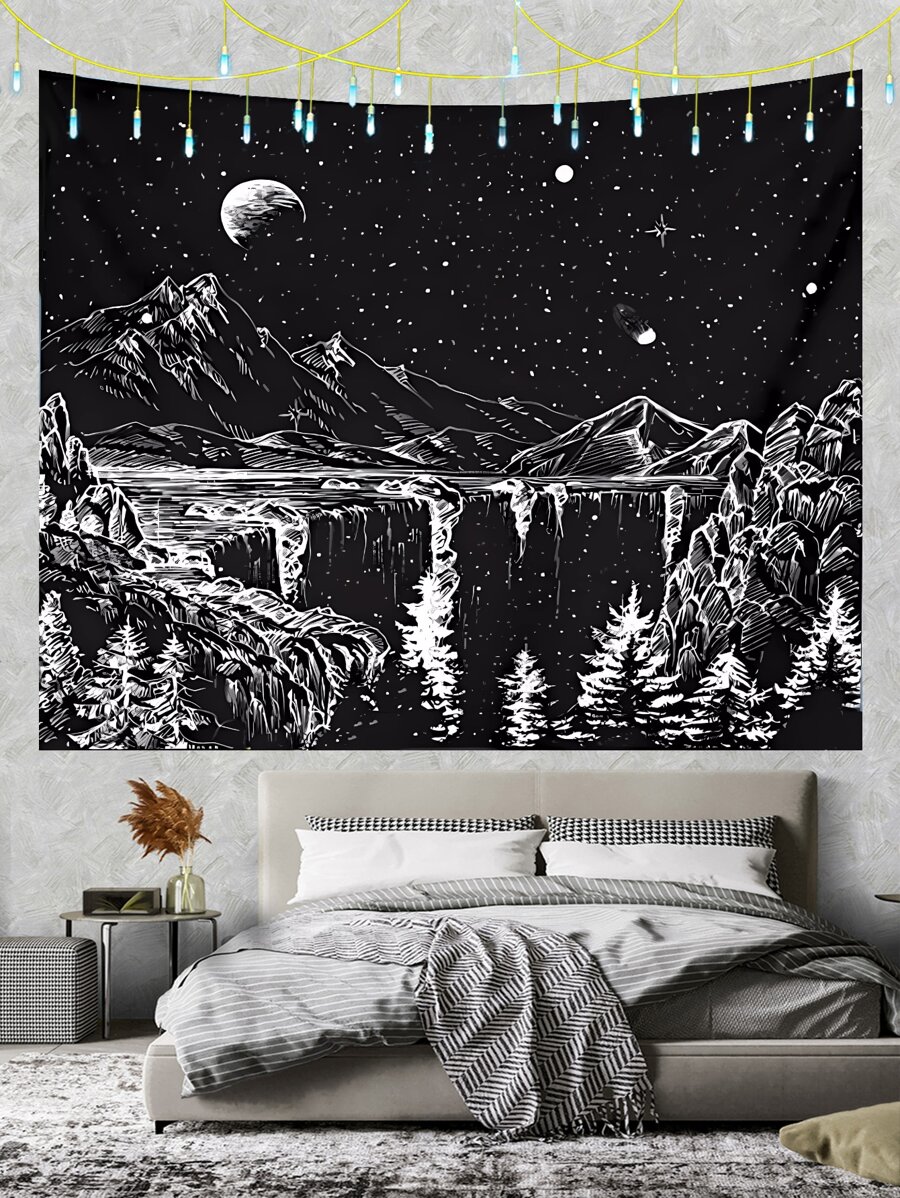 1 件山与月亮图案挂毯，现代化纤家居壁毯，房间旗帜，房间装饰，挂毯，墙壁装饰，墙壁艺术，房间用品，房间旗帜，家居装饰，挂毯，壁毯 - 彩色 - 查看 1