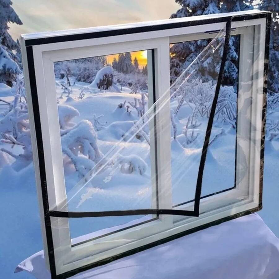 1套窗戶隔熱膜,冬季保暖與節能,自黏透明pvc窗戶屏風保護 - 黑色邊 - 查看 1