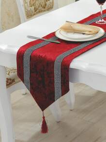 雙排鑽石絨桌旗，帶條紋設計，現代簡約時尚的床旗，適用於餐廳、客廳、廚房或其他場合 - 紅色 - 查看 1