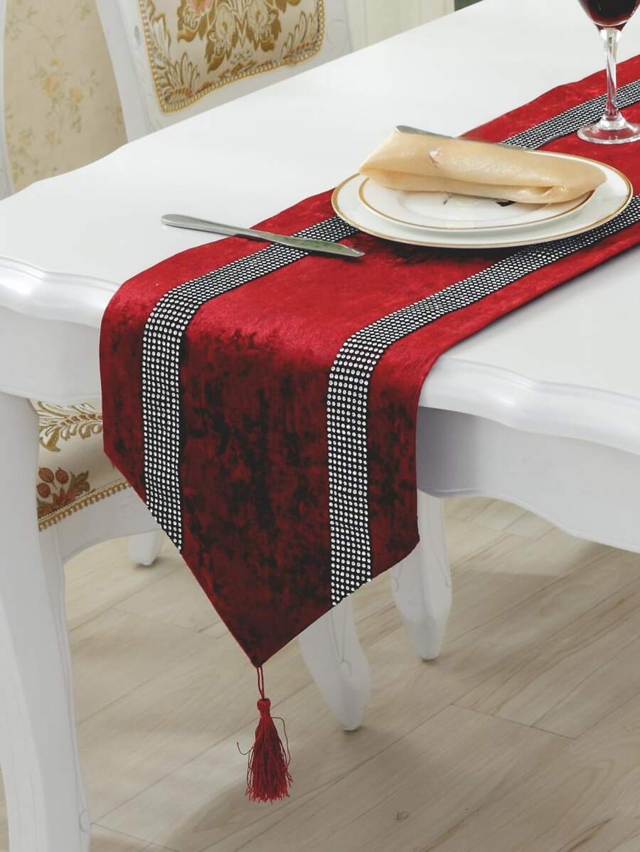雙排鑽石絨桌旗，帶條紋設計，現代簡約時尚的床旗，適用於餐廳、客廳、廚房或其他場合 - 紅色 - 查看 1
